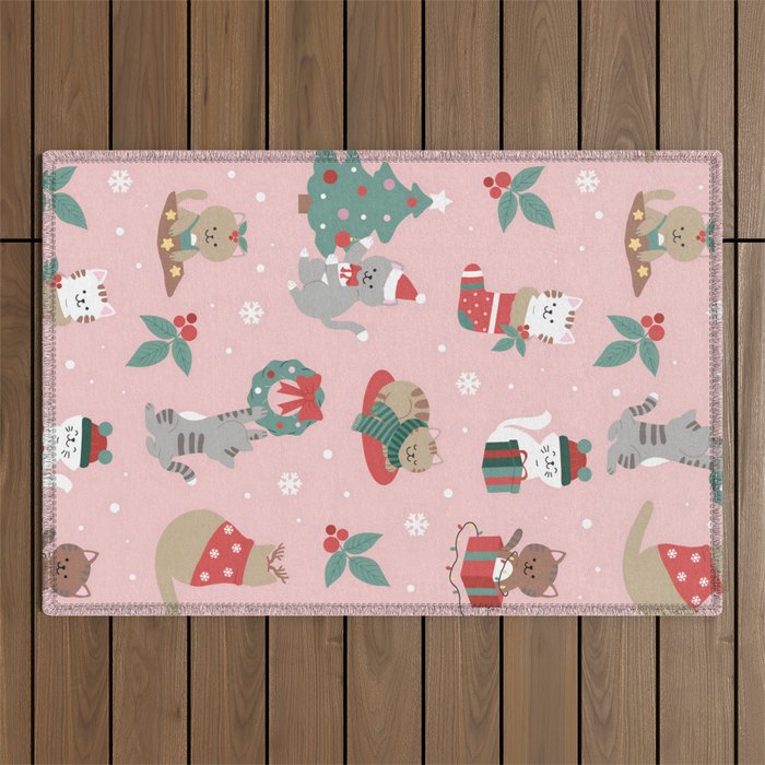 Christmas Festive Cute Holiday Kittens Outdoor Rug Gallery Image 1