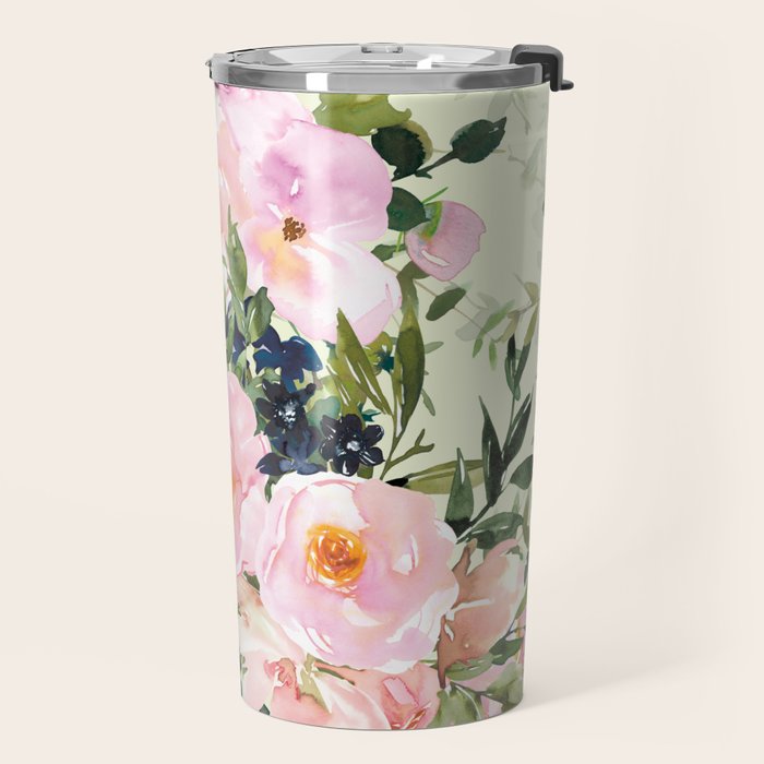 Floral Watercolor Rose Garden, Mint Green and Pink Travel Mug Gallery Image 2