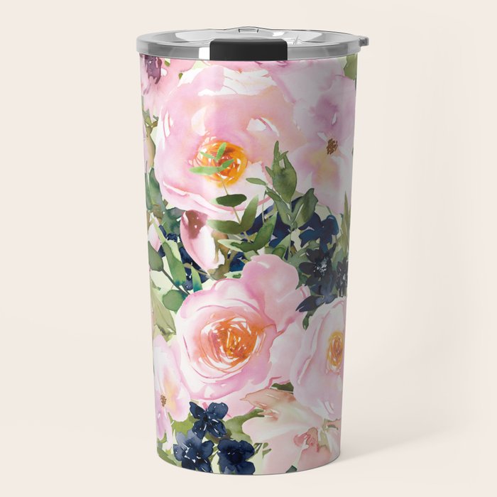 Floral Watercolor Rose Garden, Mint Green and Pink Travel Mug Gallery Image 1