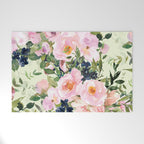 Floral Watercolor Rose Garden, Mint Green and Pink Welcome Mat Gallery Image 1