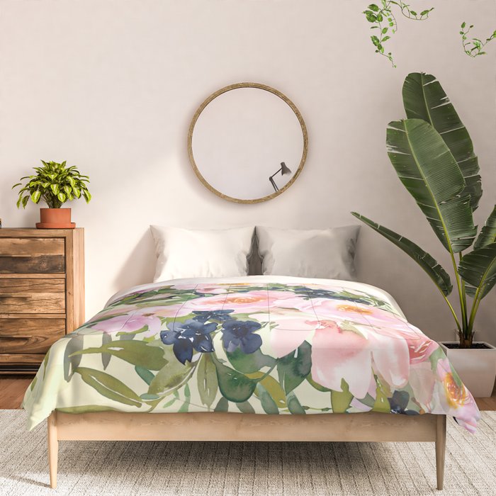 Floral Watercolor Rose Garden, Mint Green and Pink Comforter Gallery Image 3