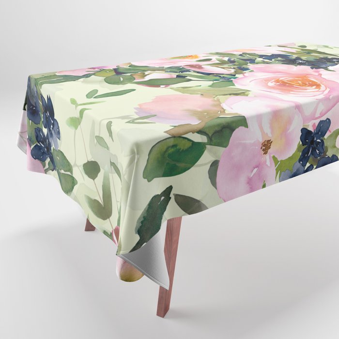 Floral Watercolor Rose Garden, Mint Green and Pink Tablecloth Gallery Image 1