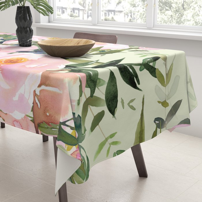 Floral Watercolor Rose Garden, Mint Green and Pink Tablecloth Gallery Image 3