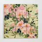 Floral Watercolor Rose Garden, Mint Green and Pink Wood Wall Art Gallery Image 1