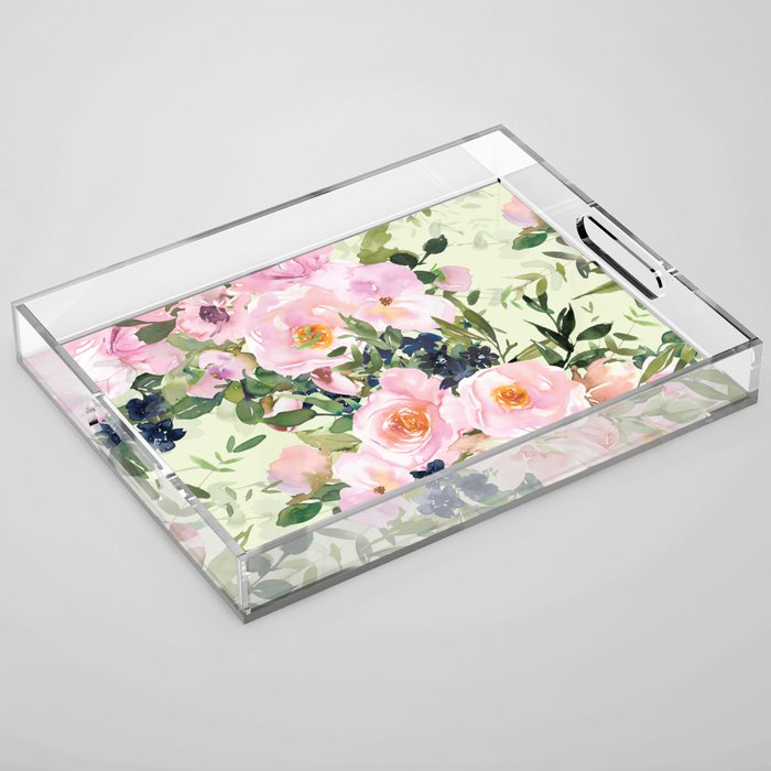 Floral Watercolor Rose Garden, Mint Green and Pink Acrylic Tray Gallery Image 1