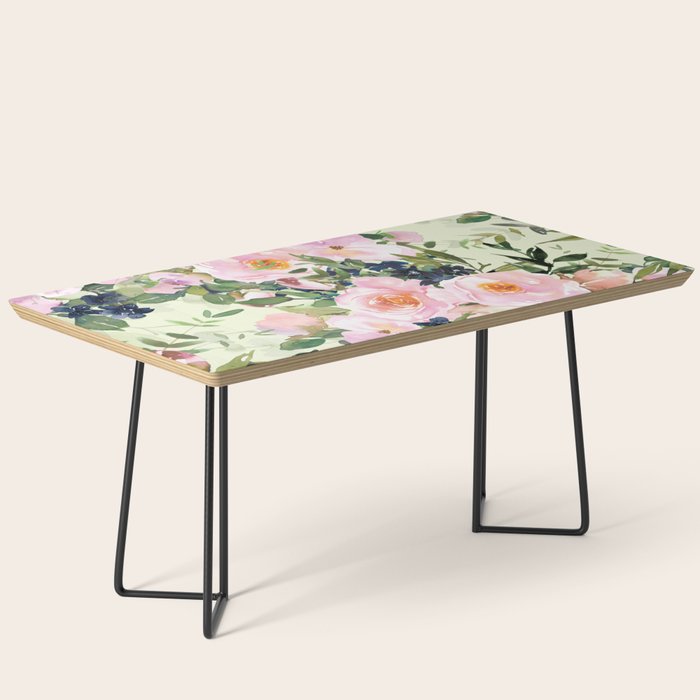 Floral Watercolor Rose Garden, Mint Green and Pink Coffee Table Gallery Image 1