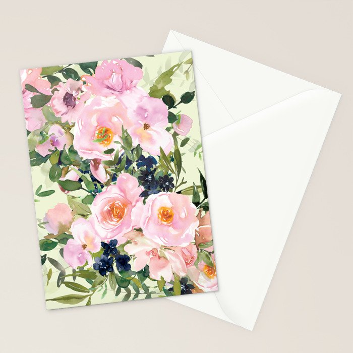 Floral Watercolor Rose Garden, Mint Green and Pink Stationery Card Gallery Image 2