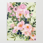 Floral Watercolor Rose Garden, Mint Green and Pink Poster Gallery Image 4