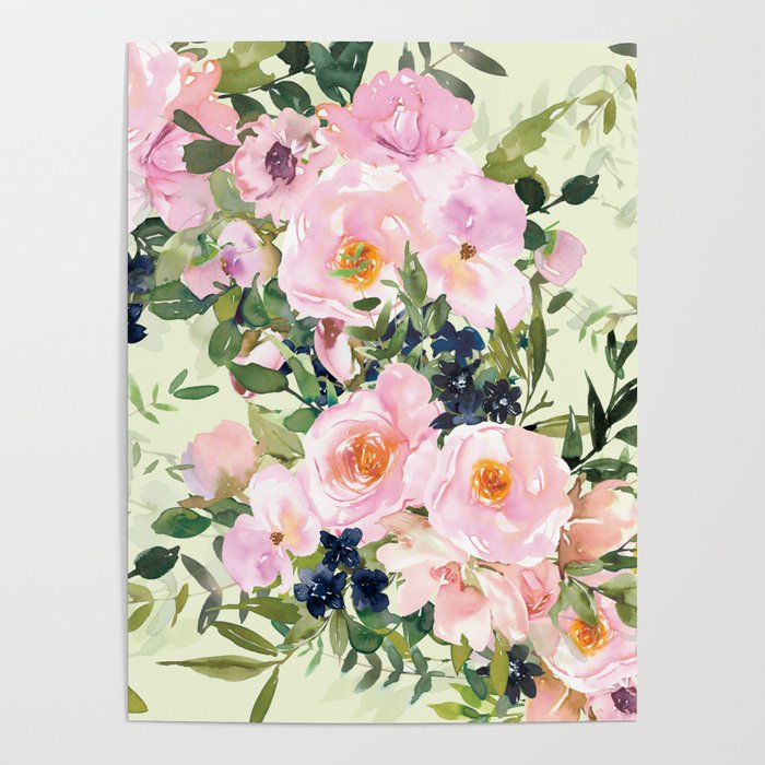 Floral Watercolor Rose Garden, Mint Green and Pink Poster Gallery Image 4