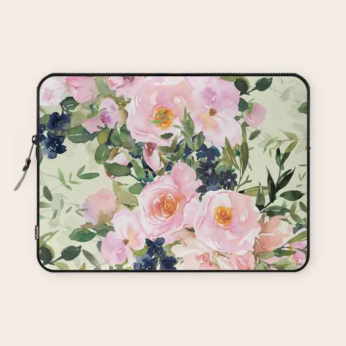 Floral Watercolor Rose Garden, Mint Green and Pink Laptop Sleeve Gallery Image 1