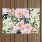 Floral Watercolor Rose Garden, Mint Green and Pink Outdoor Rug Gallery Image 1