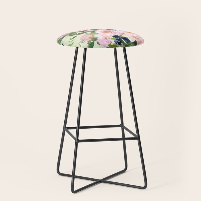 Floral Watercolor Rose Garden, Mint Green and Pink Stool Gallery Image 1