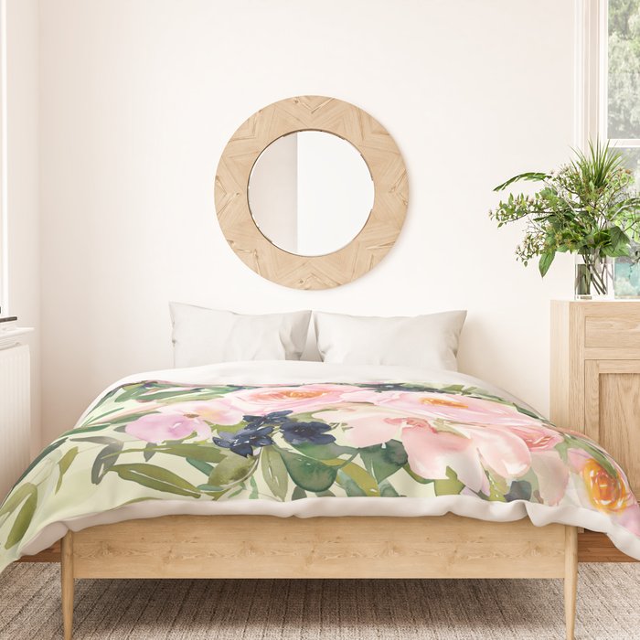 Floral Watercolor Rose Garden, Mint Green and Pink Duvet Cover Gallery Image 3