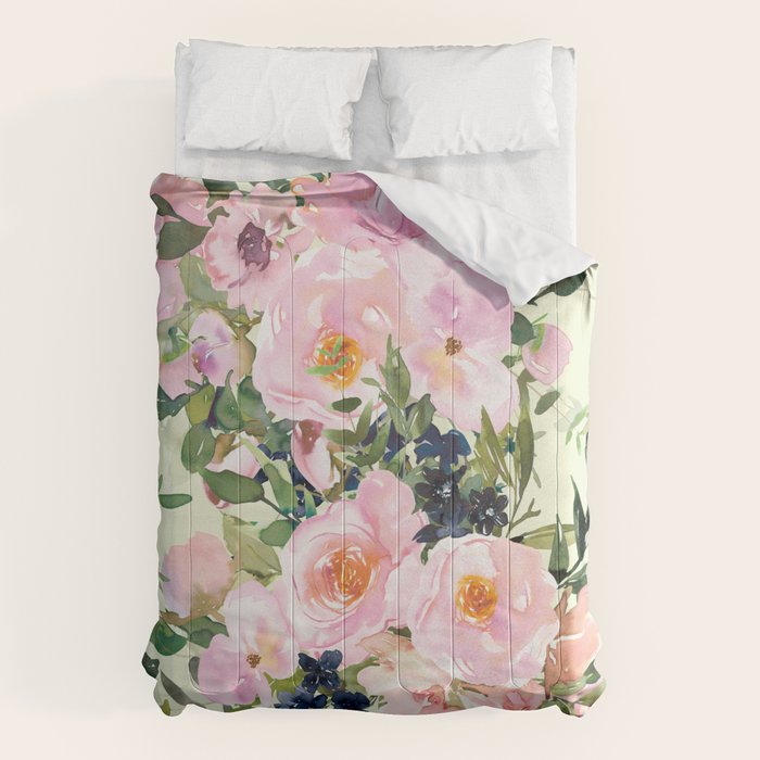 Floral Watercolor Rose Garden, Mint Green and Pink Comforter Gallery Image 6