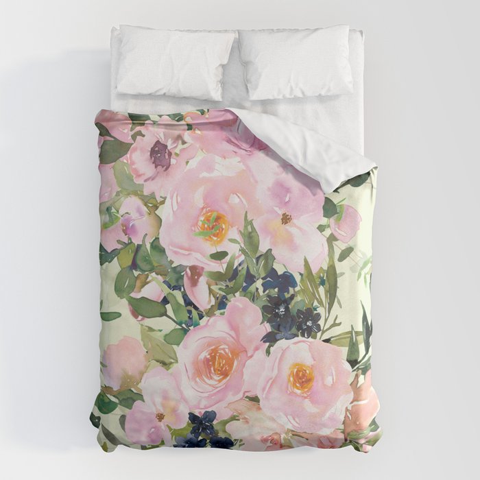 Floral Watercolor Rose Garden, Mint Green and Pink Duvet Cover Gallery Image 6