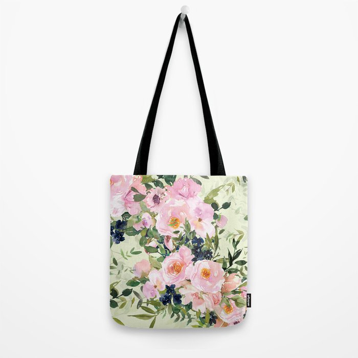 Floral Watercolor Rose Garden, Mint Green and Pink Tote Bag Gallery Image 2