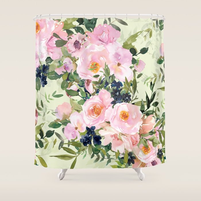 Floral Watercolor Rose Garden, Mint Green and Pink Shower Curtain Gallery Image 1