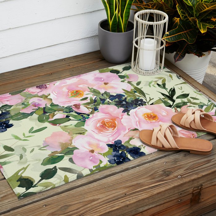 Floral Watercolor Rose Garden, Mint Green and Pink Outdoor Rug Gallery Image 2