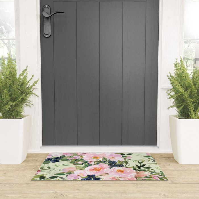 Floral Watercolor Rose Garden, Mint Green and Pink Welcome Mat Gallery Image 3