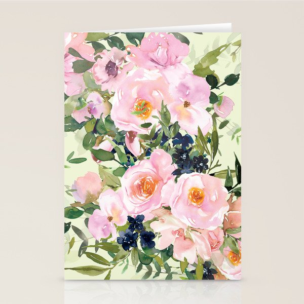 Floral Watercolor Rose Garden, Mint Green and Pink Stationery Card Gallery Image 2