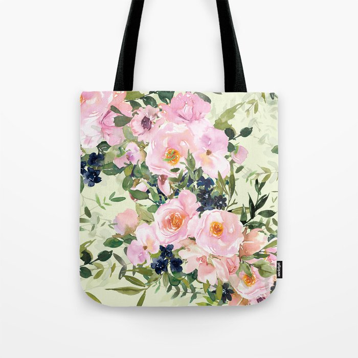 Floral Watercolor Rose Garden, Mint Green and Pink Tote Bag Gallery Image 1