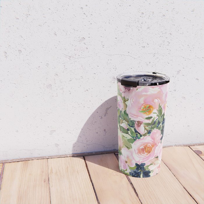 Floral Watercolor Rose Garden, Mint Green and Pink Travel Mug Gallery Image 4