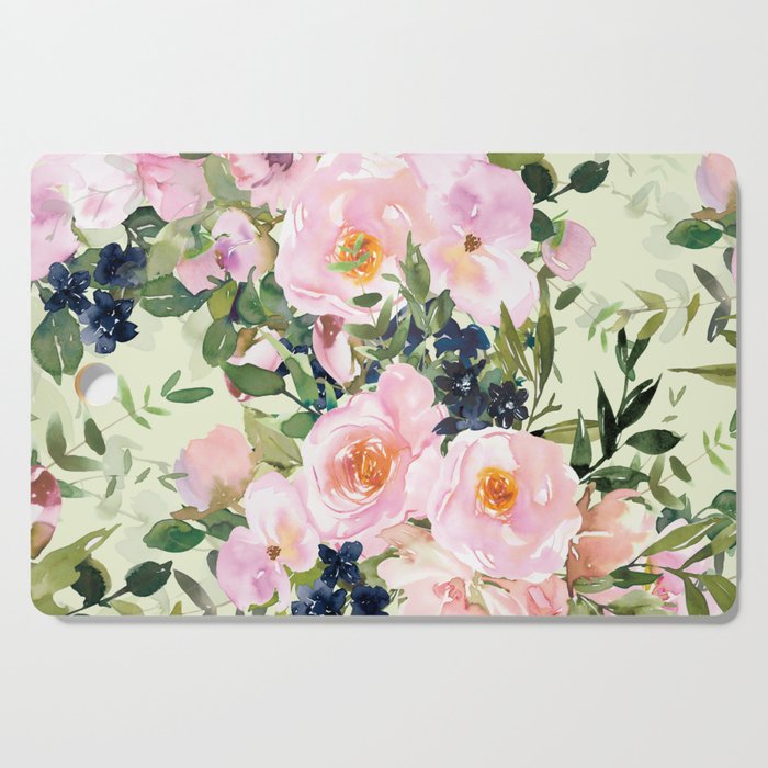 Floral Watercolor Rose Garden, Mint Green and Pink Cutting Board Gallery Image 1