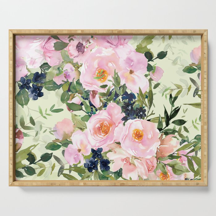 Floral Watercolor Rose Garden, Mint Green and Pink Serving Tray Gallery Image 1