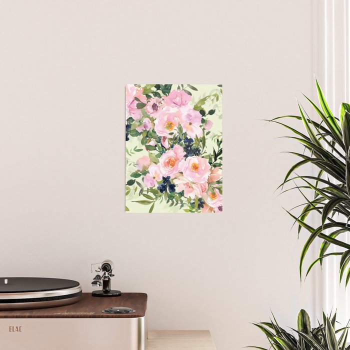 Floral Watercolor Rose Garden, Mint Green and Pink Poster Gallery Image 2