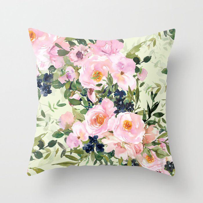 Floral Watercolor Rose Garden, Mint Green and Pink Throw Pillow Gallery Image 1