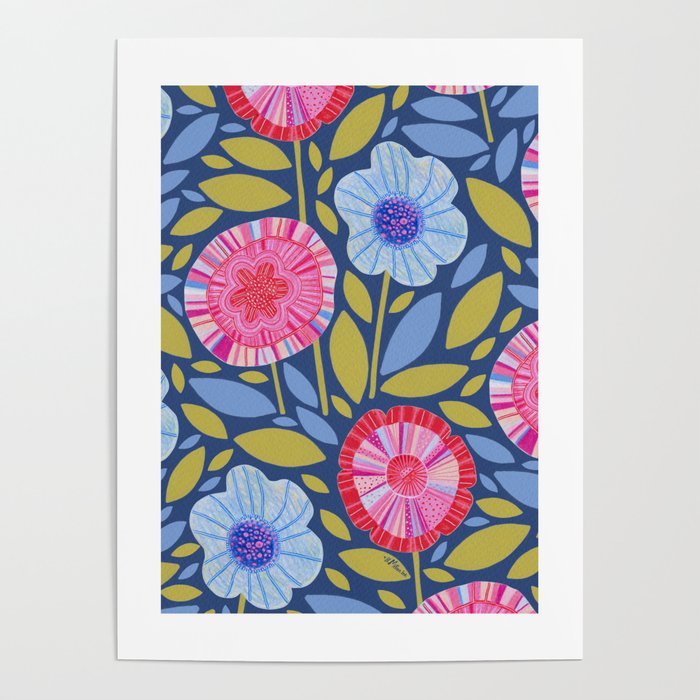 Folk Floral Blossoms in Eggplant Purple Poster Gallery Image 1