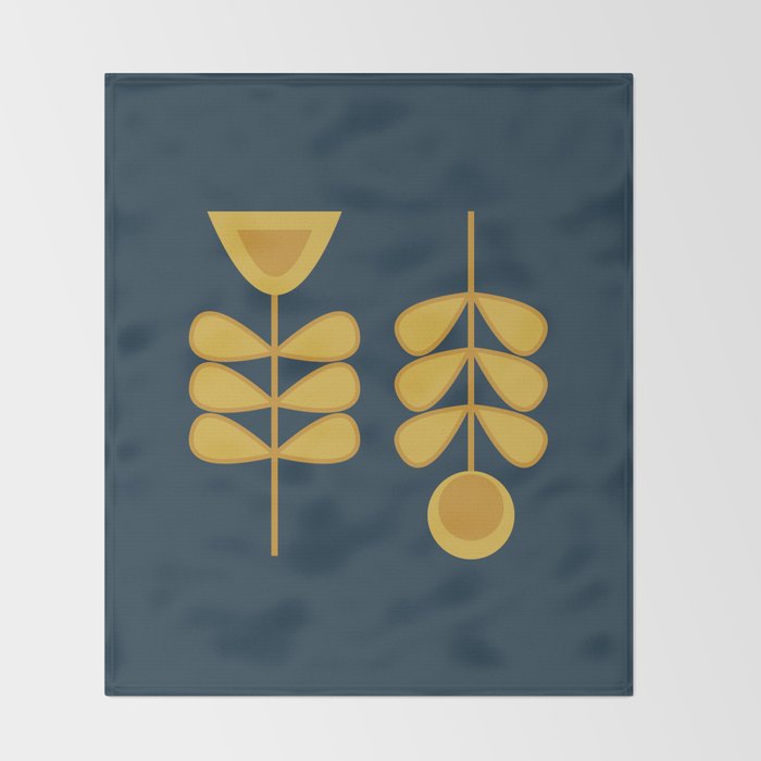 Scandi Garden Retro Minimalist Flower Pair in Mustard Yellow and Navy Blue Throw Blanket Gallery Image 2