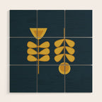 Scandi Garden Retro Minimalist Flower Pair in Mustard Yellow and Navy Blue Wood Wall Art Gallery Image 1