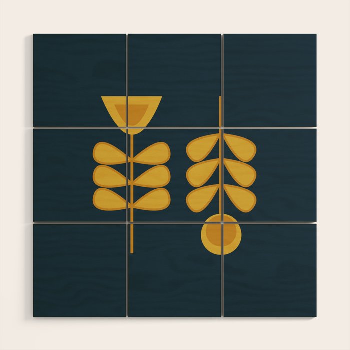 Scandi Garden Retro Minimalist Flower Pair in Mustard Yellow and Navy Blue Wood Wall Art Gallery Image 1
