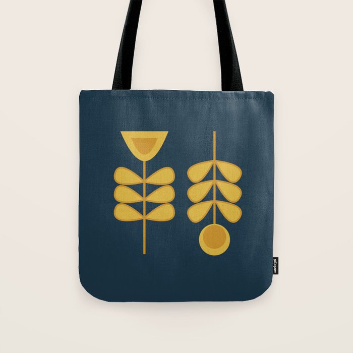 Scandi Garden Retro Minimalist Flower Pair in Mustard Yellow and Navy Blue Tote Bag Gallery Image 1