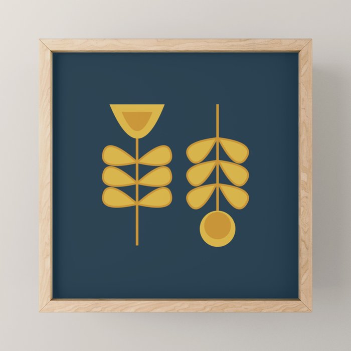 Scandi Garden Retro Minimalist Flower Pair in Mustard Yellow and Navy Blue Mini Art Print Gallery Image 1
