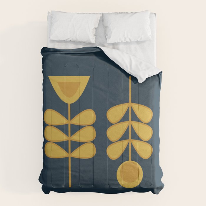 Scandi Garden Retro Minimalist Flower Pair in Mustard Yellow and Navy Blue Comforter Gallery Image 6