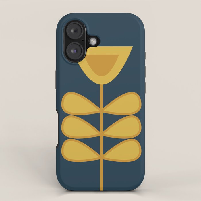 Scandi Garden Retro Minimalist Flower Pair in Mustard Yellow and Navy Blue iPhone Case Gallery Image 1