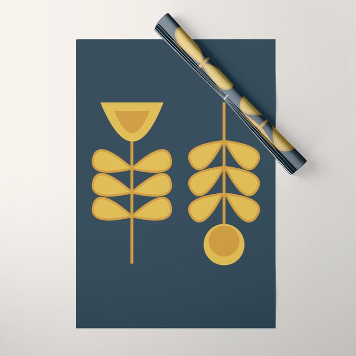 Scandi Garden Retro Minimalist Flower Pair in Mustard Yellow and Navy Blue Wrapping Paper Gallery Image 1
