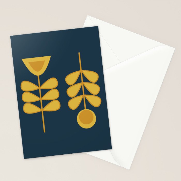 Scandi Garden Retro Minimalist Flower Pair in Mustard Yellow and Navy Blue Stationery Card Gallery Image 2