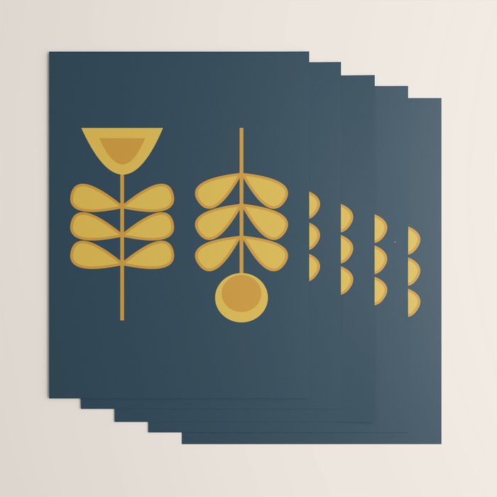 Scandi Garden Retro Minimalist Flower Pair in Mustard Yellow and Navy Blue Wrapping Paper Gallery Image 3