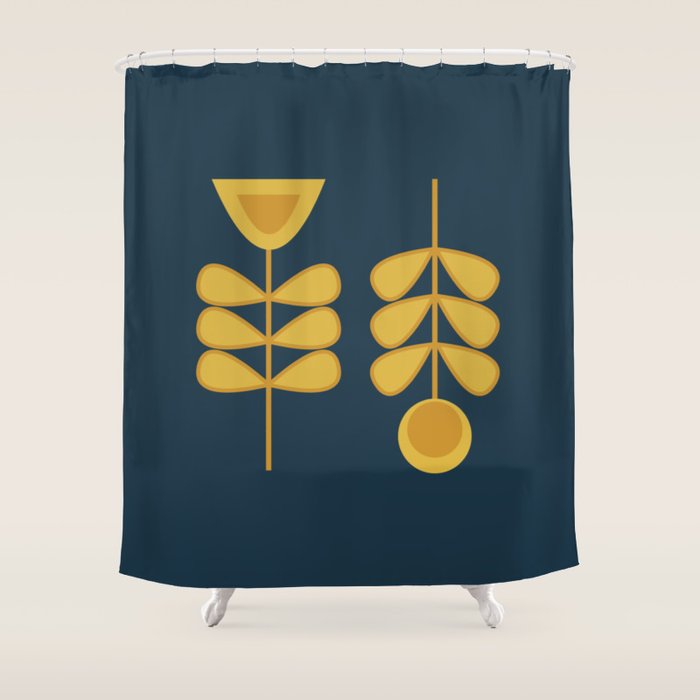 Scandi Garden Retro Minimalist Flower Pair in Mustard Yellow and Navy Blue Shower Curtain Gallery Image 1