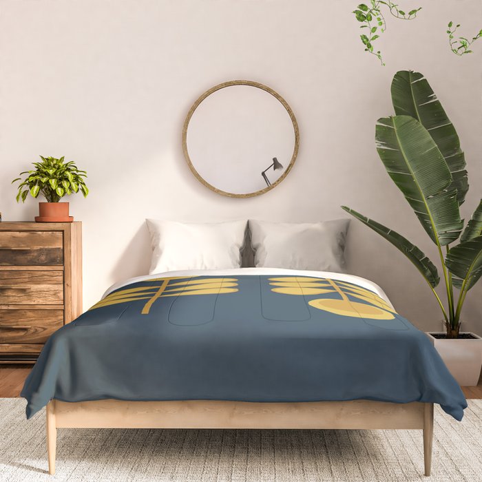 Scandi Garden Retro Minimalist Flower Pair in Mustard Yellow and Navy Blue Comforter Gallery Image 3
