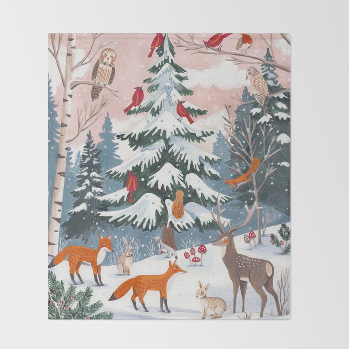 Animals in a Snowy Winter Forest Throw Blanket Gallery Image 2