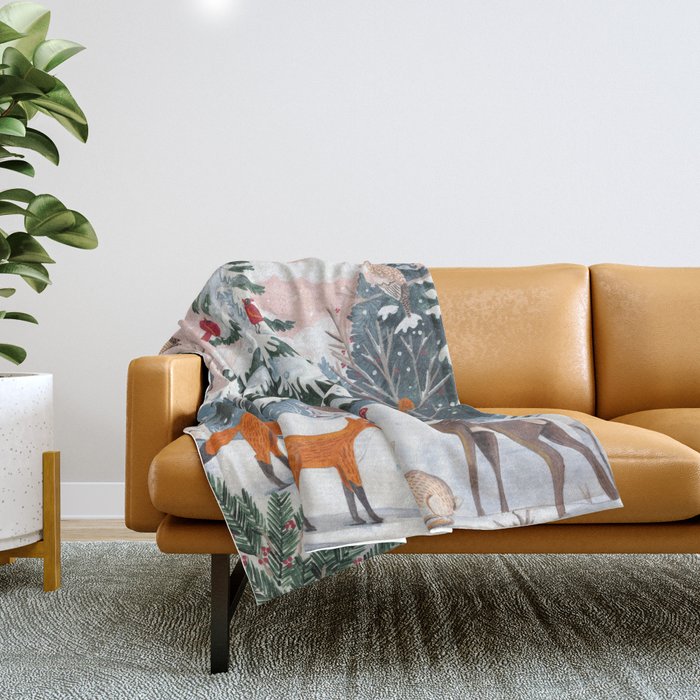Animals in a Snowy Winter Forest Throw Blanket Gallery Image 1