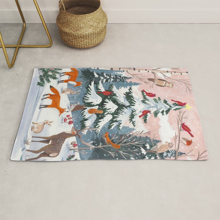 Animals in a Snowy Winter Forest Rug Gallery Image 1
