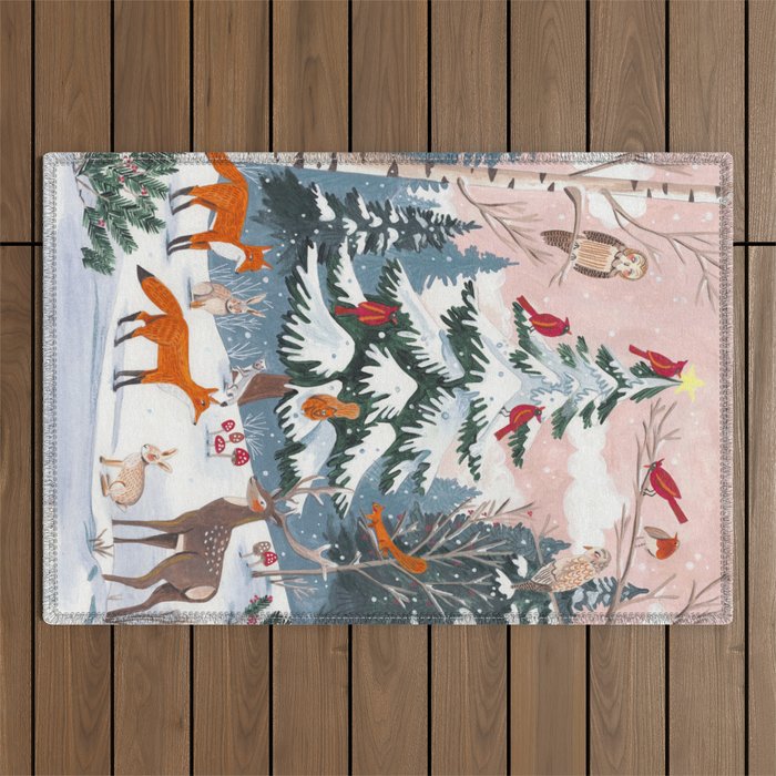 Animals in a Snowy Winter Forest Outdoor Rug Gallery Image 1