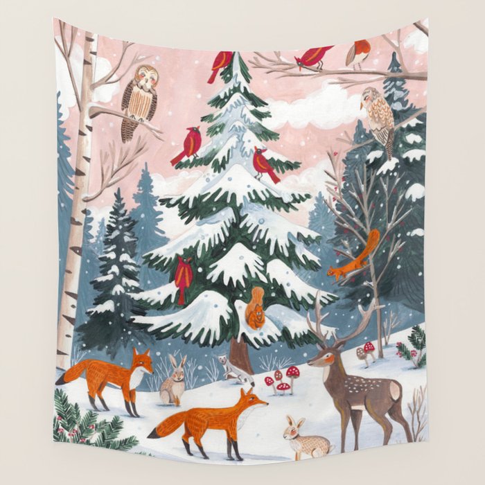 Animals in a Snowy Winter Forest Wall Tapestry Gallery Image 1