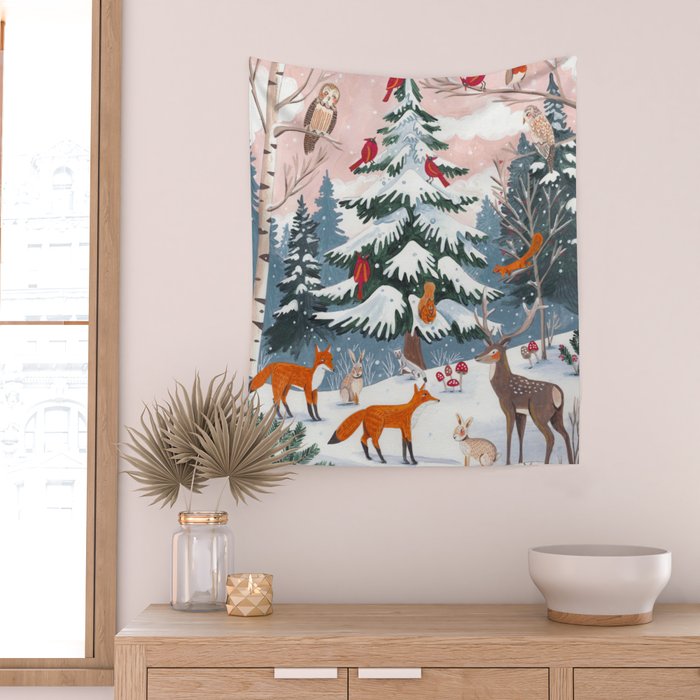 Animals in a Snowy Winter Forest Wall Tapestry Gallery Image 2