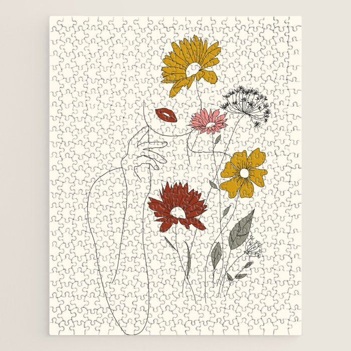 Colorful Thoughts Minimal Line Art Woman with Flowers III Jigsaw Puzzle Gallery Image 1